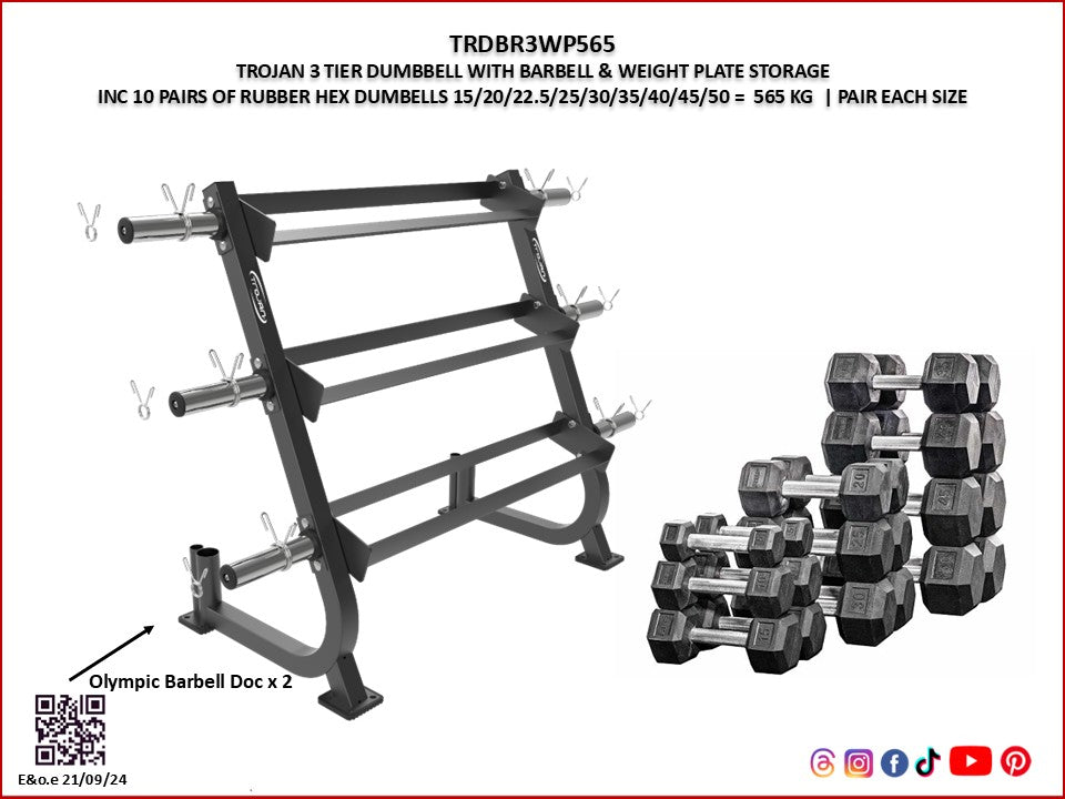 Rubber Hex Dumbbell Rack 3 Tier + Weight Plate & Barbell Storage + 565 Kg Rubber Dumbbells